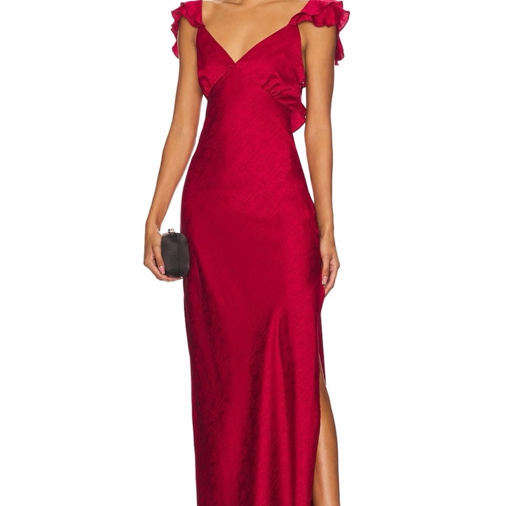 Elegant Red Ruffle-Shoulder Maxi Dress